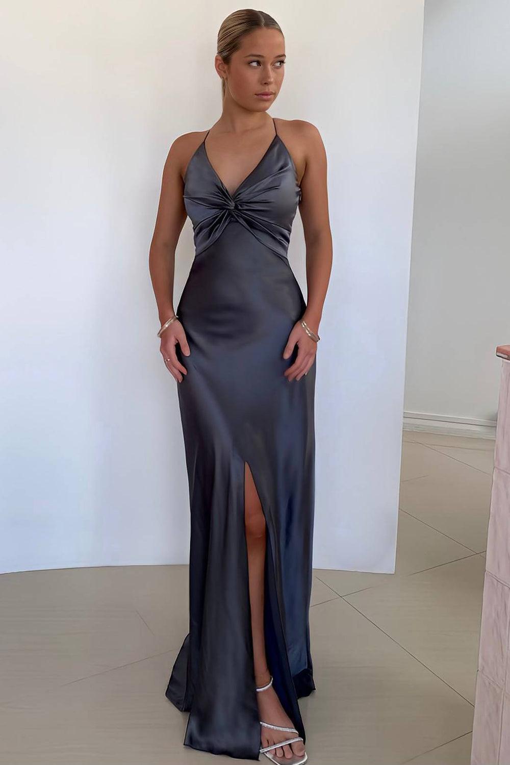 Dressystars Elegant Yellow V-Neck Back Satin Gown With Front Twist Formal Evening Gown