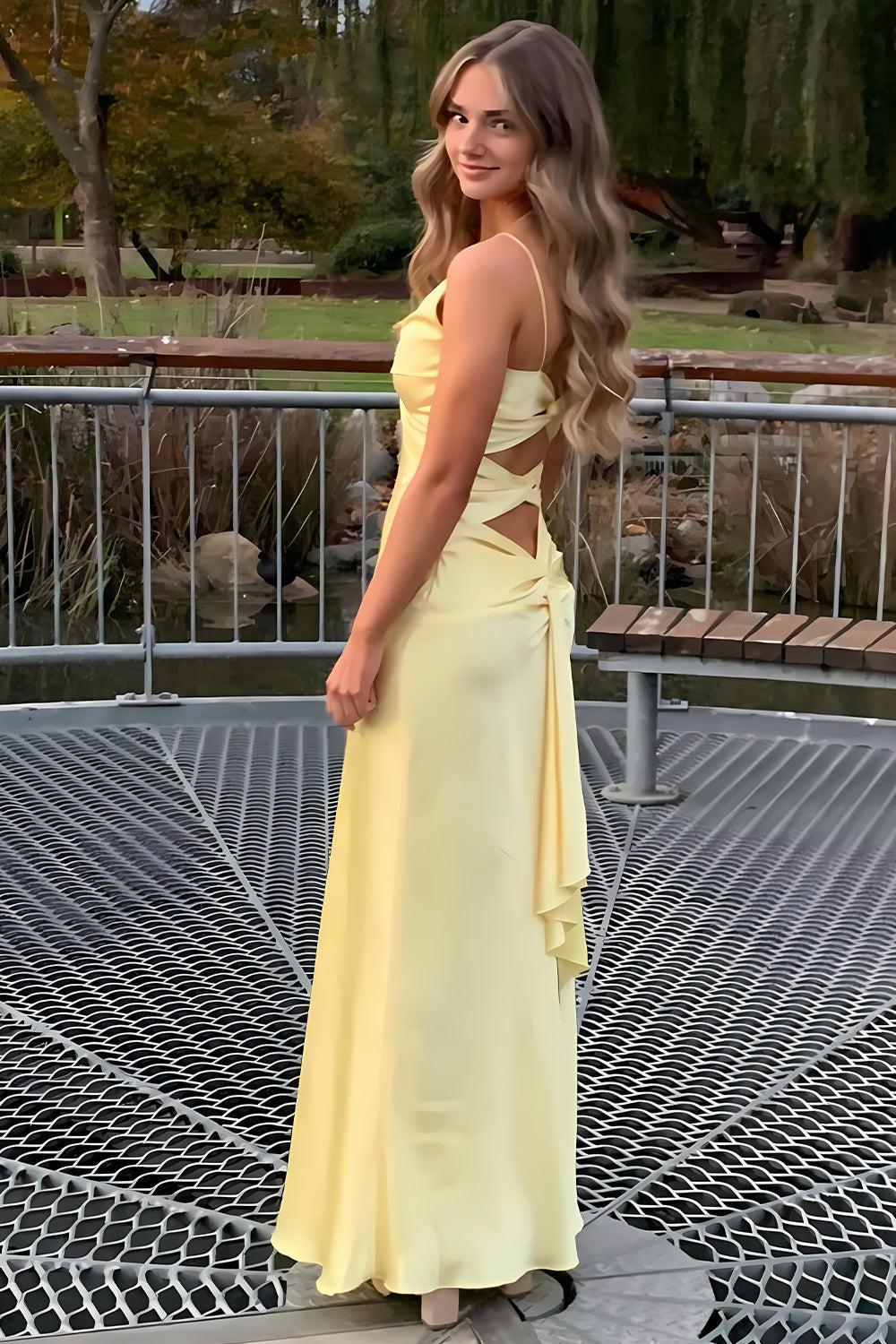 Dressystars Elegant Yellow V-Neck Back Satin Gown With Front Twist Formal Evening Gown