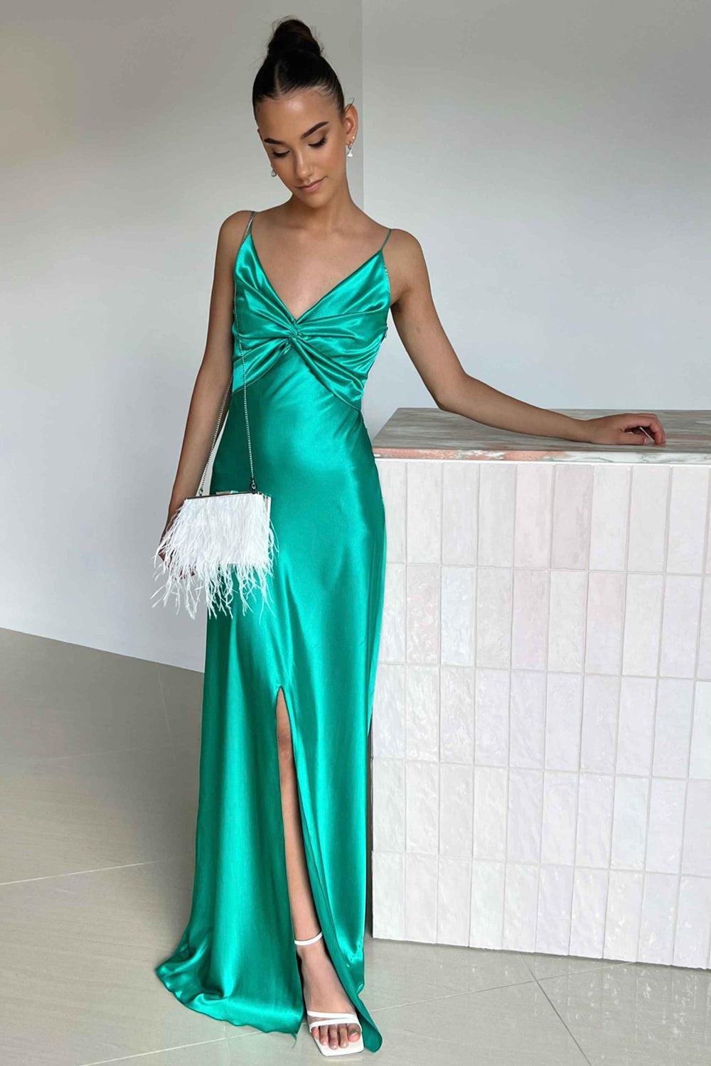 Dressystars Elegant Yellow V-Neck Back Satin Gown With Front Twist Formal Evening Gown