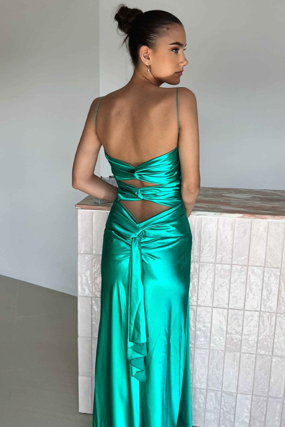 Dressystars Elegant Yellow V-Neck Back Satin Gown With Front Twist Formal Evening Gown