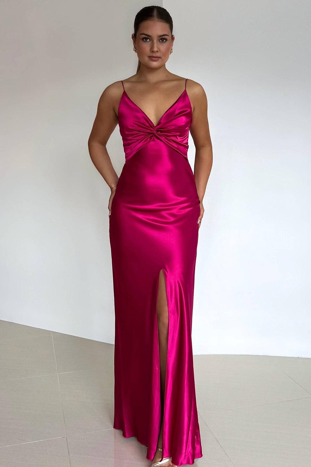 Dressystars Elegant Yellow V-Neck Back Satin Gown With Front Twist Formal Evening Gown