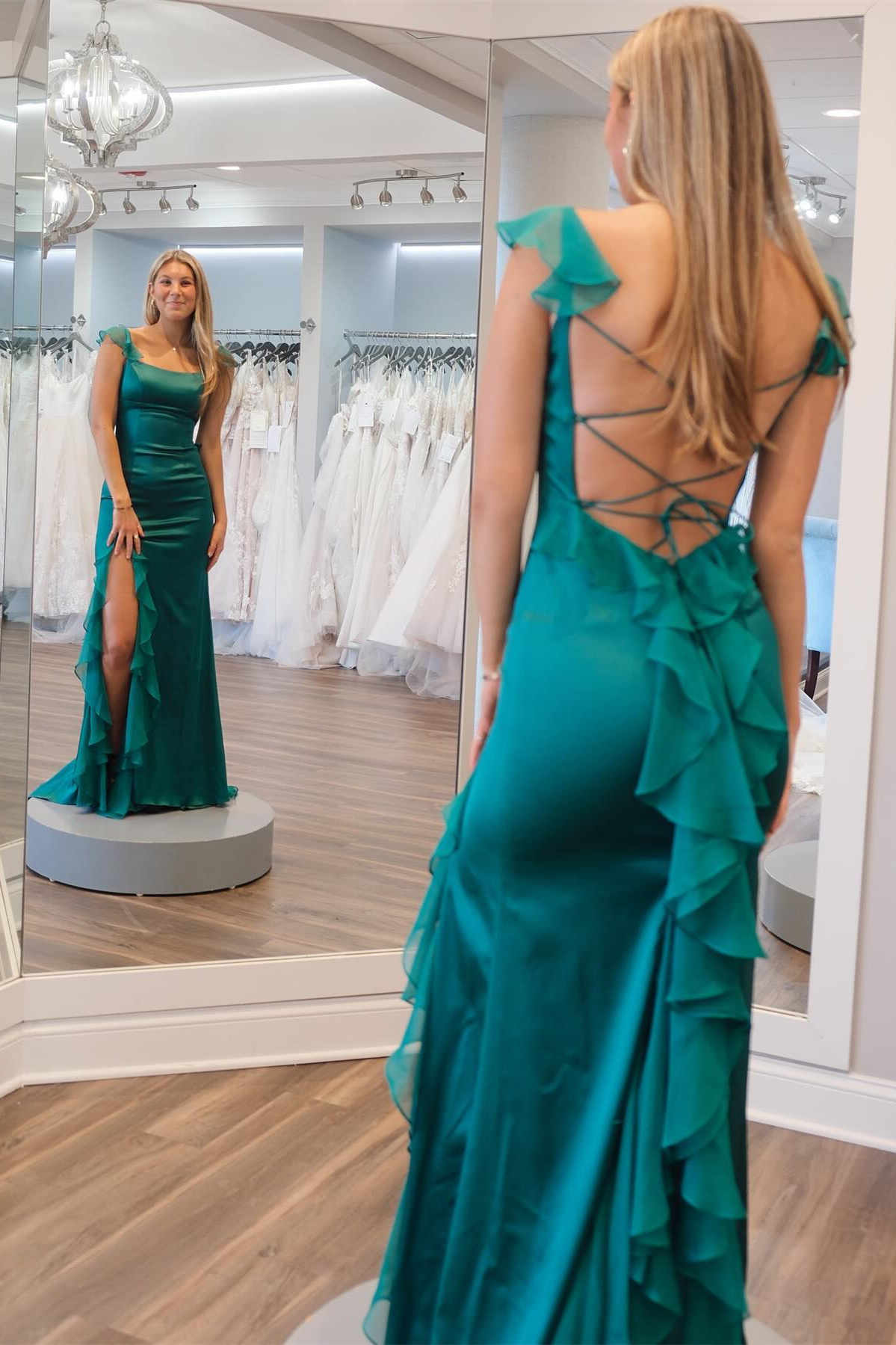 Emerald Green Prom Dress Square Neck Ruffle Split Evening Dress