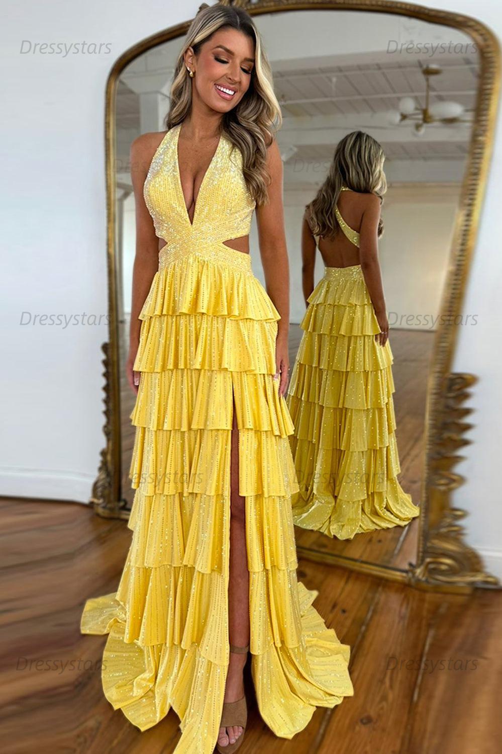 Emerald Green Prom Dress Tiered A-Line Halter Long Formal Dress With Slit