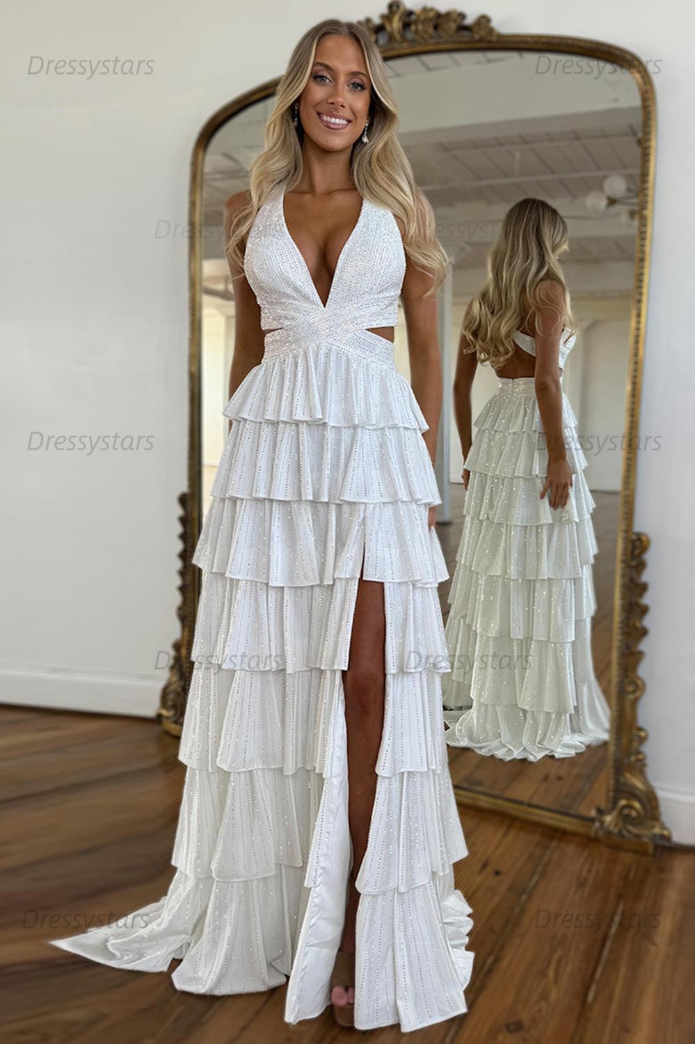 Emerald Green Prom Dress Tiered A-Line Halter Long Formal Dress With Slit