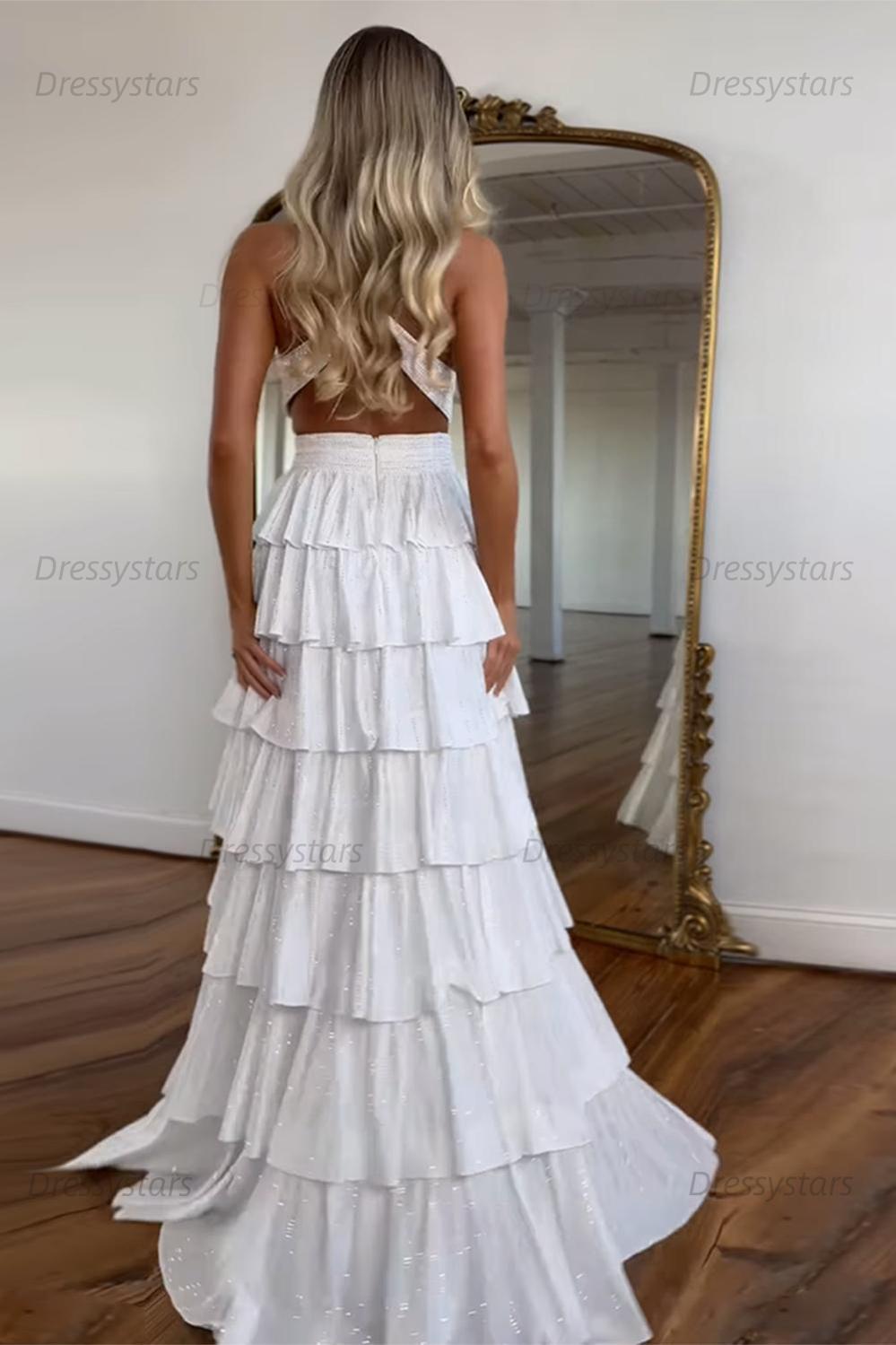Emerald Green Prom Dress Tiered A-Line Halter Long Formal Dress With Slit