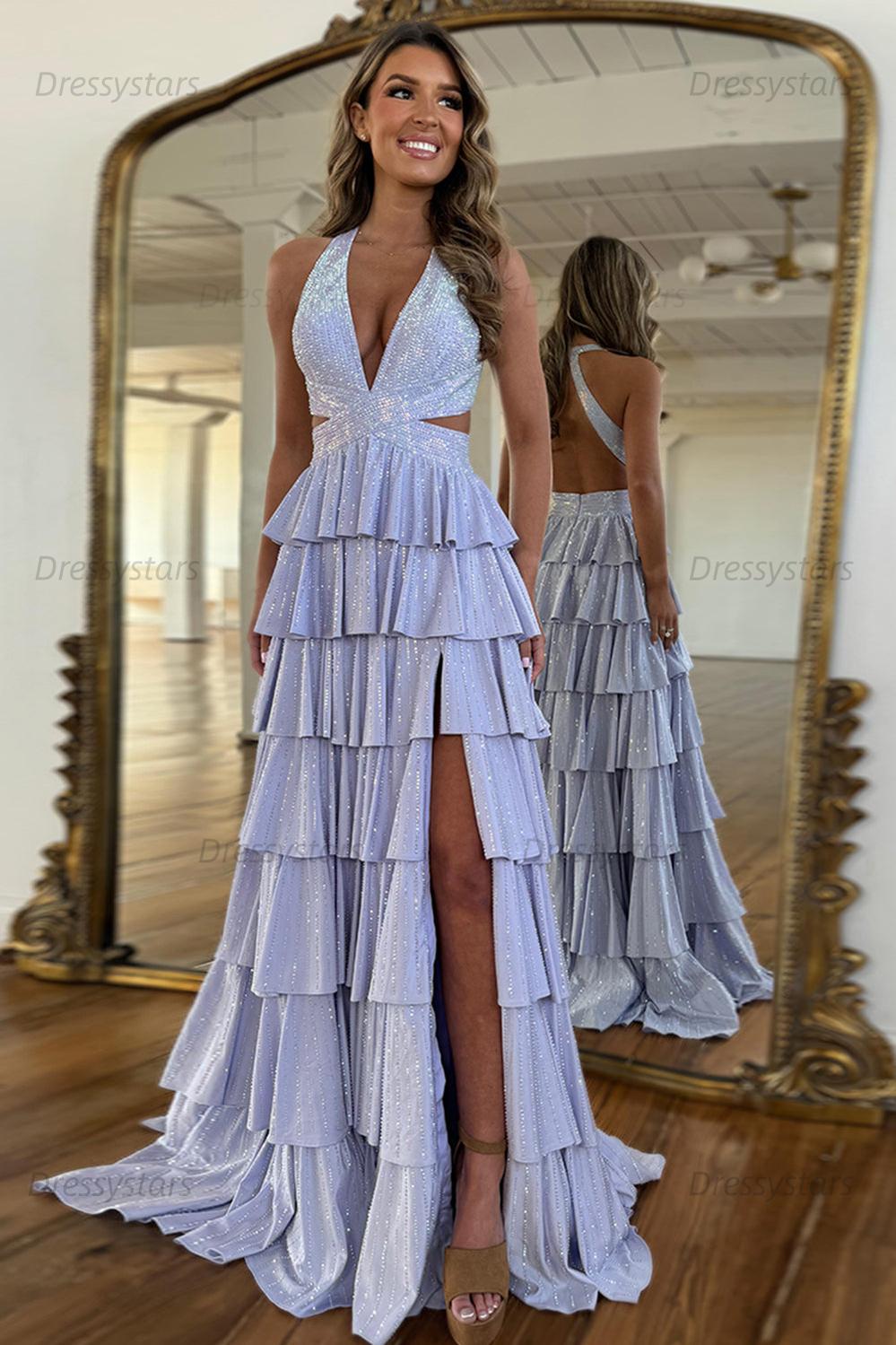 Emerald Green Prom Dress Tiered A-Line Halter Long Formal Dress With Slit