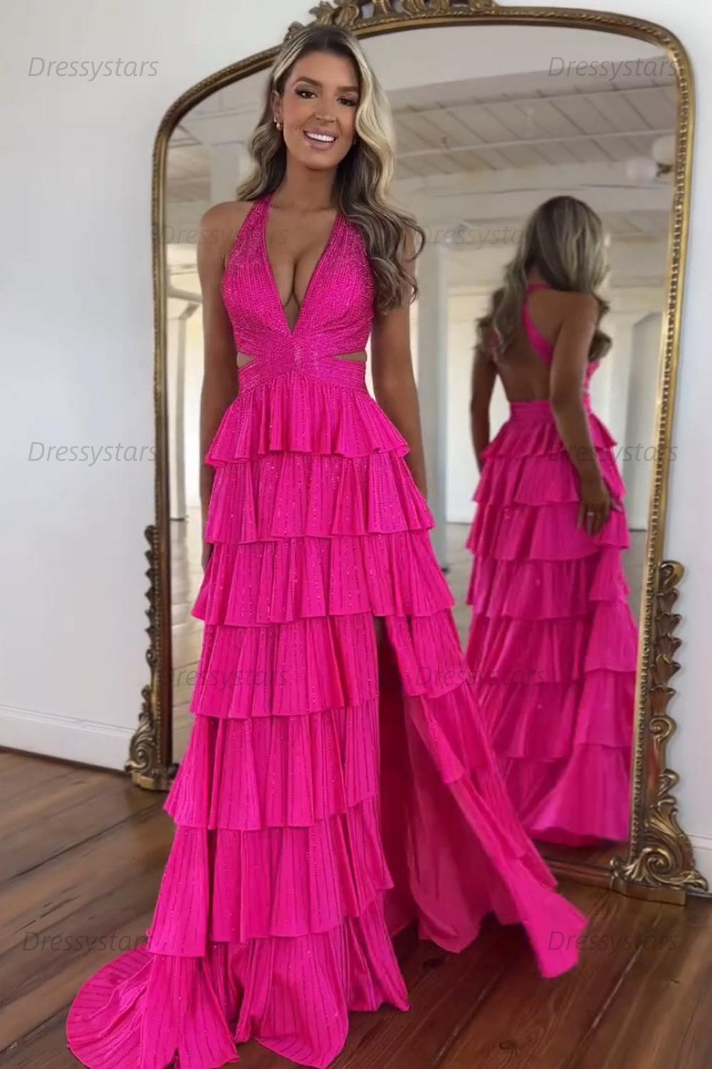 Emerald Green Prom Dress Tiered A-Line Halter Long Formal Dress With Slit