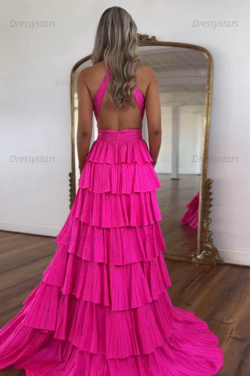 Emerald Green Prom Dress Tiered A-Line Halter Long Formal Dress With Slit