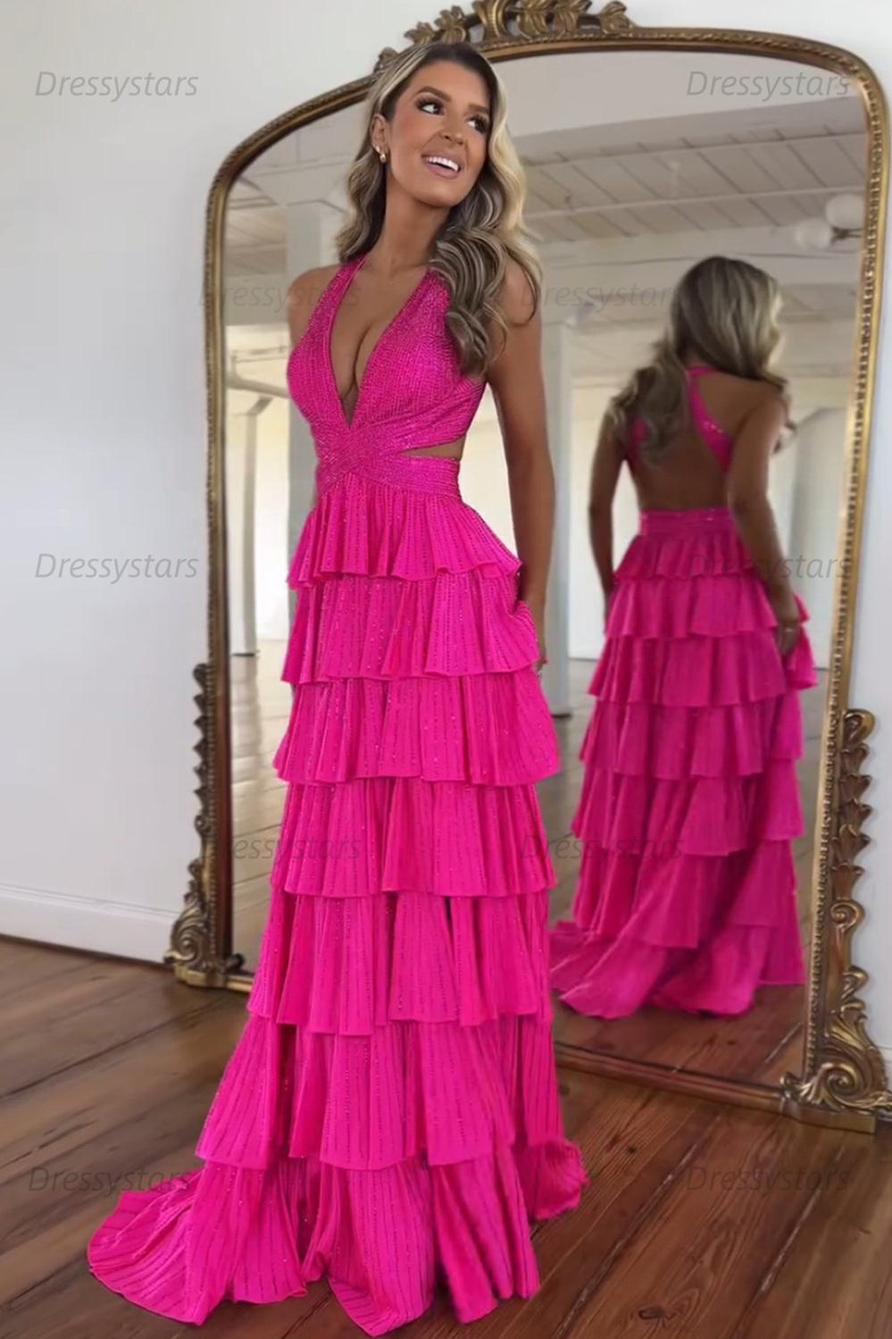 Emerald Green Prom Dress Tiered A-Line Halter Long Formal Dress With Slit