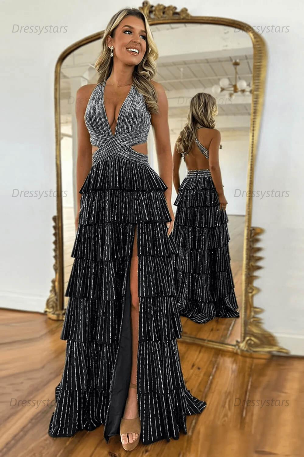 Emerald Green Prom Dress Tiered A-Line Halter Long Formal Dress With Slit