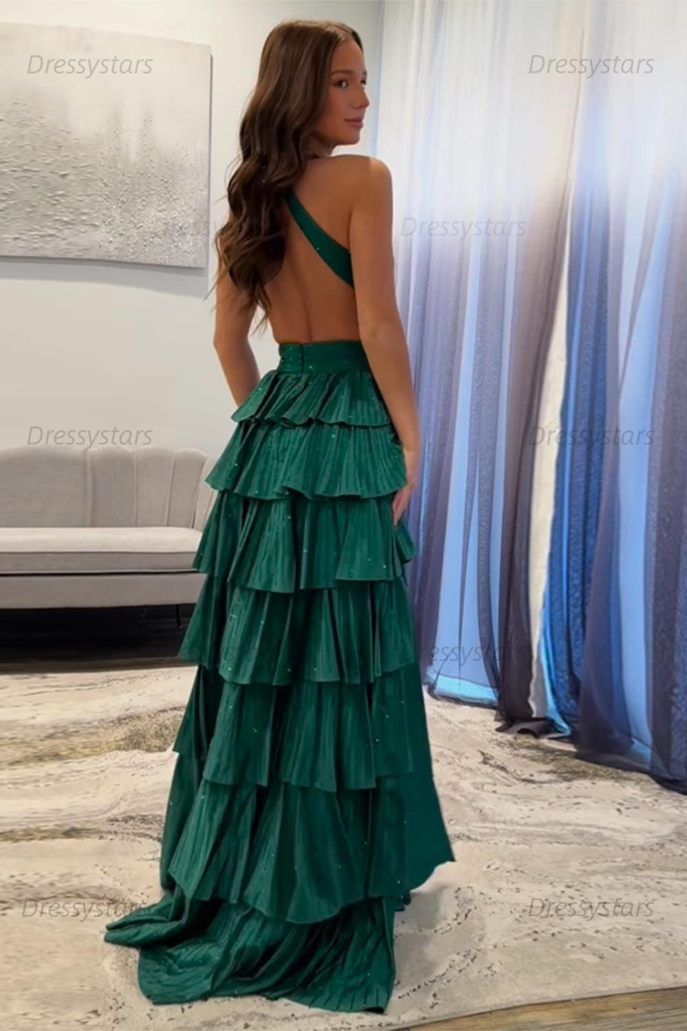 Emerald Green Prom Dress Tiered A-Line Halter Long Formal Dress With Slit