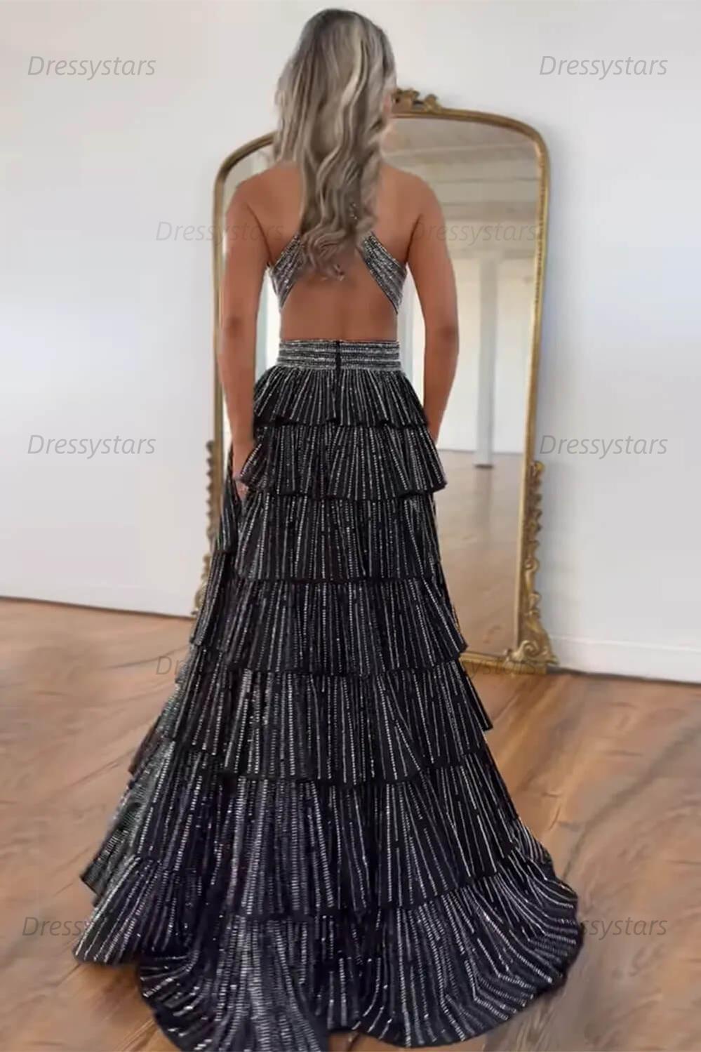 Emerald Green Prom Dress Tiered A-Line Halter Long Formal Dress With Slit