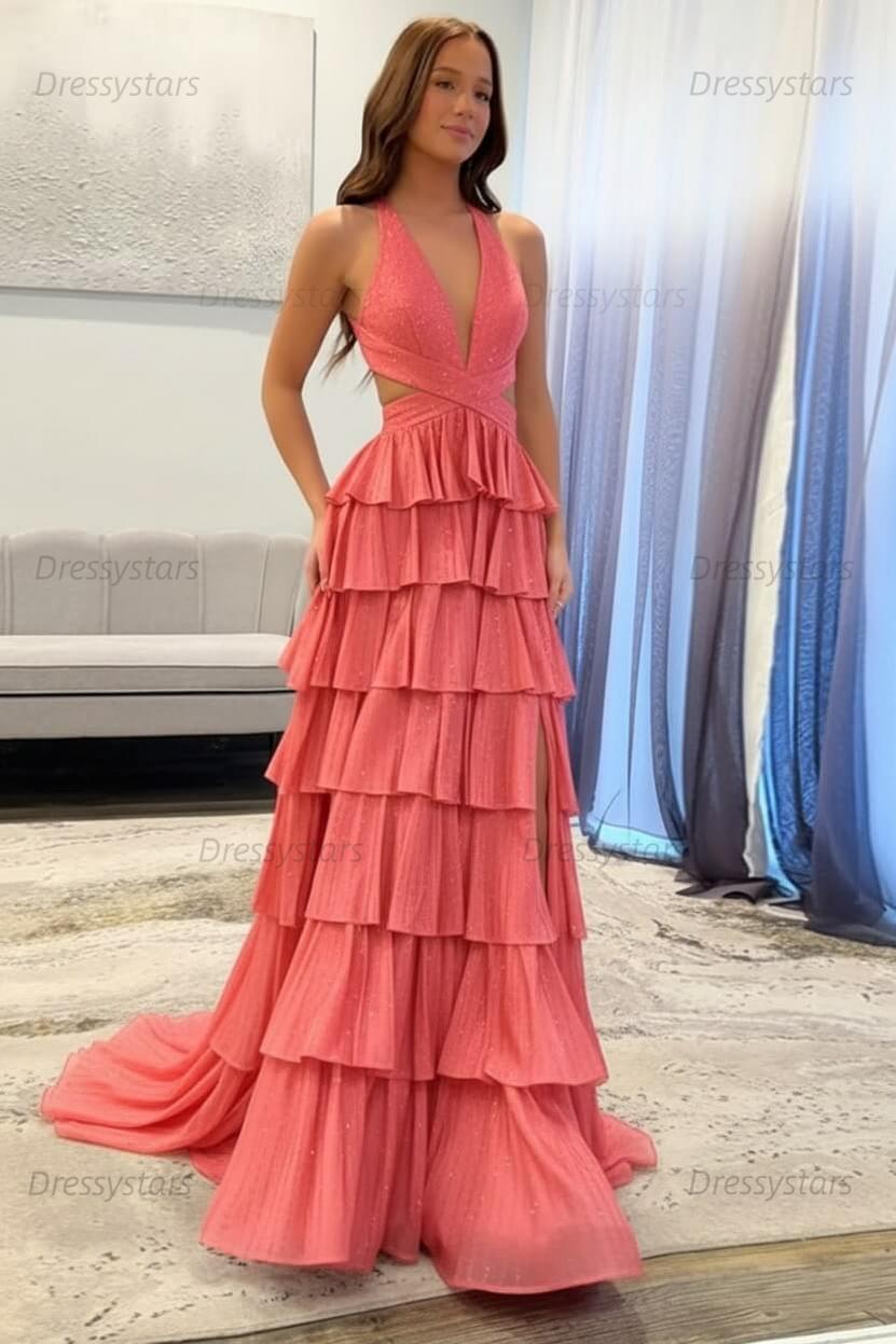 Emerald Green Prom Dress Tiered A-Line Halter Long Formal Dress With Slit