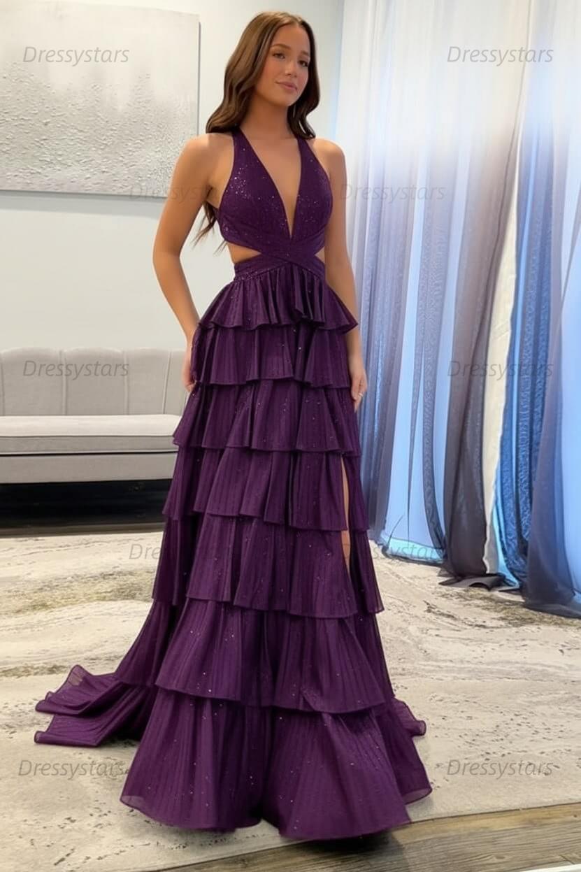 Emerald Green Prom Dress Tiered A-Line Halter Long Formal Dress With Slit