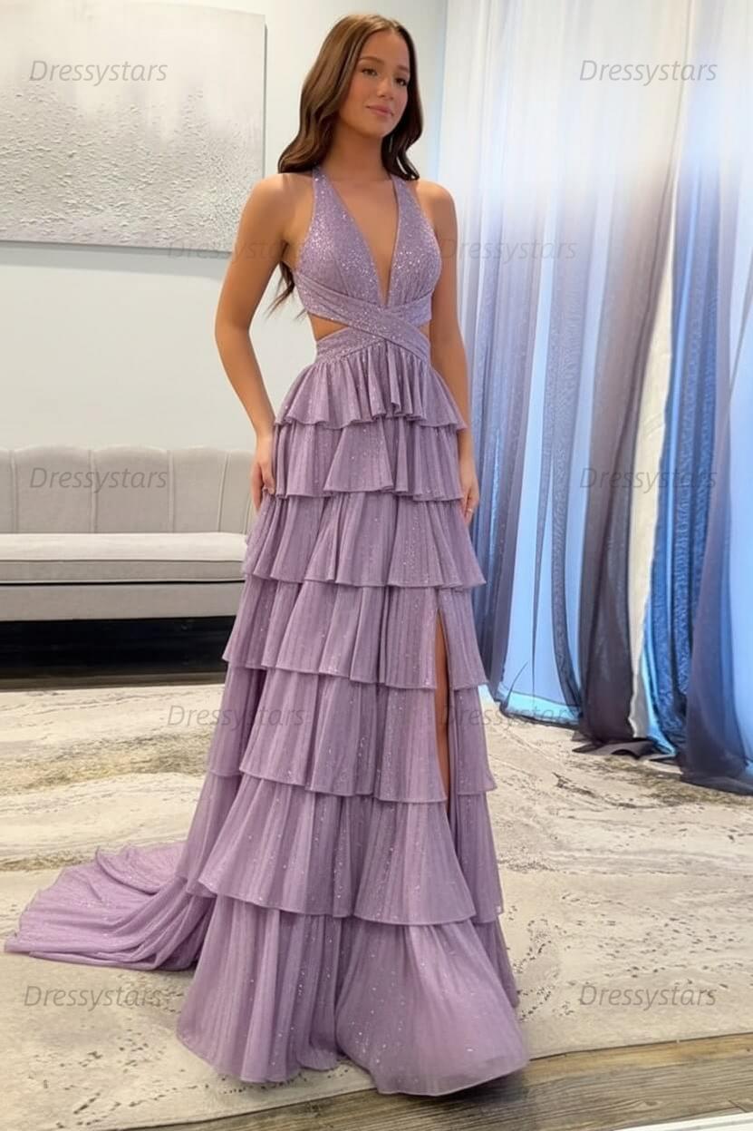 Emerald Green Prom Dress Tiered A-Line Halter Long Formal Dress With Slit