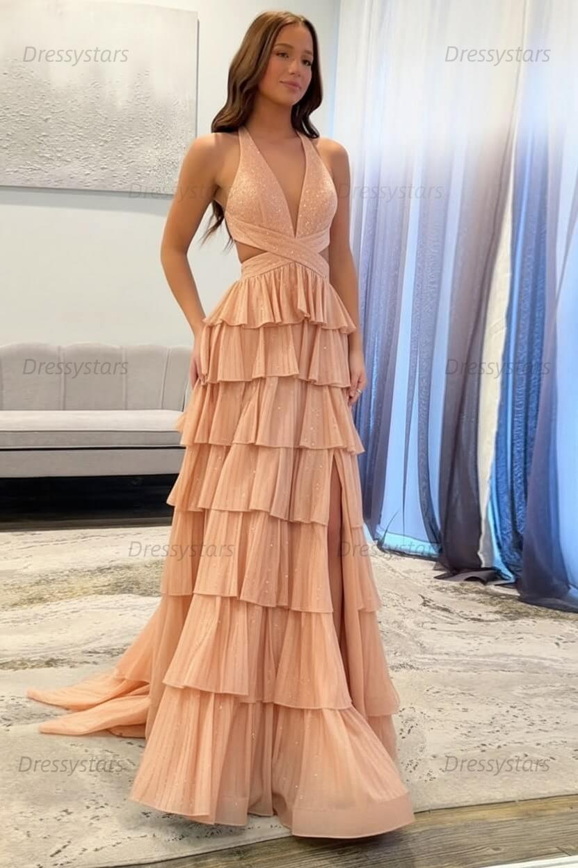 Emerald Green Prom Dress Tiered A-Line Halter Long Formal Dress With Slit