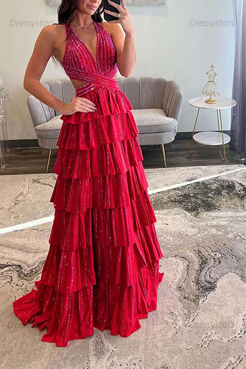 Emerald Green Prom Dress Tiered A-Line Halter Long Formal Dress With Slit