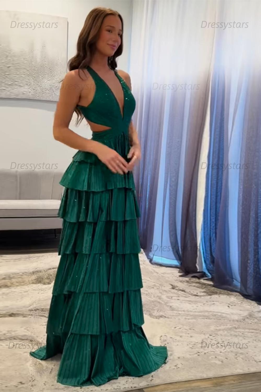 Emerald Green Prom Dress Tiered A-Line Halter Long Formal Dress With Slit