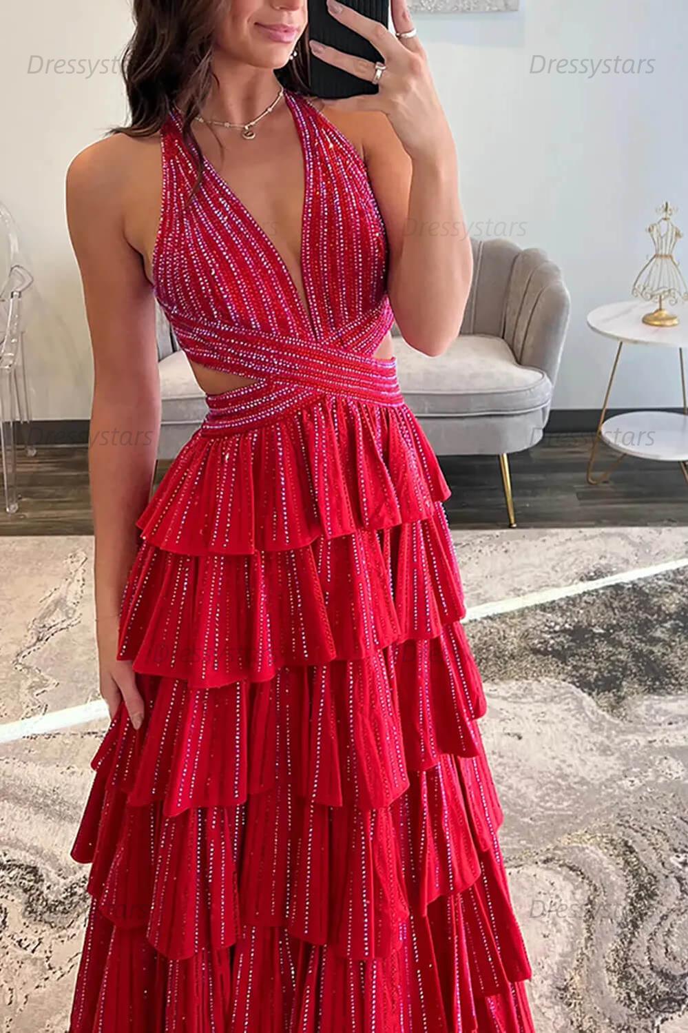 Emerald Green Prom Dress Tiered A-Line Halter Long Formal Dress With Slit