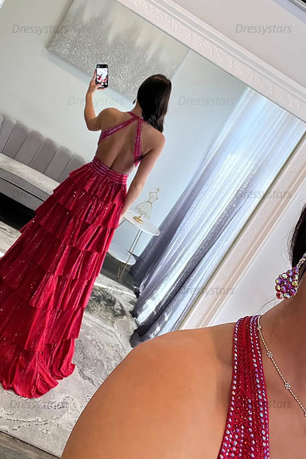Emerald Green Prom Dress Tiered A-Line Halter Long Formal Dress With Slit