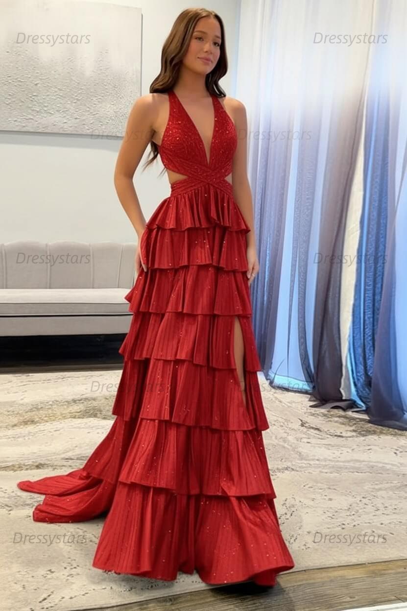 Emerald Green Prom Dress Tiered A-Line Halter Long Formal Dress With Slit