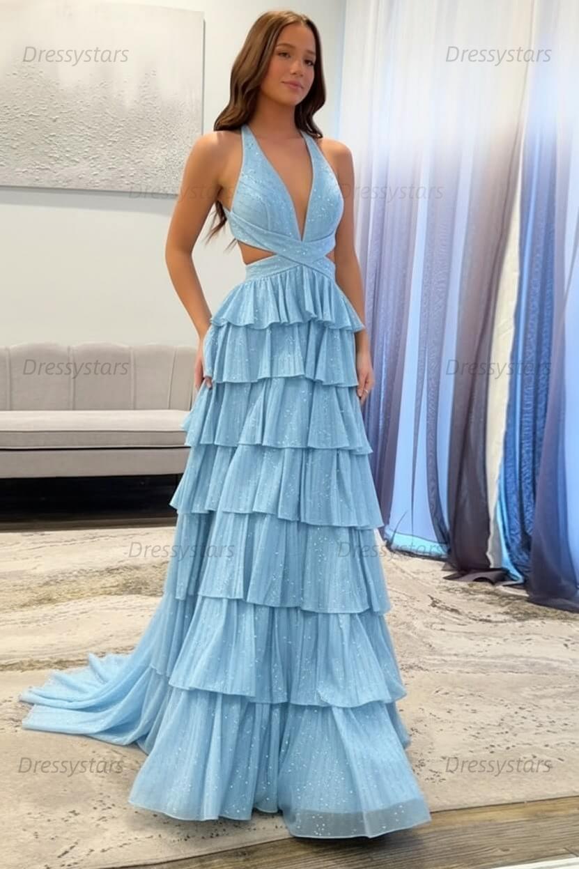 Emerald Green Prom Dress Tiered A-Line Halter Long Formal Dress With Slit