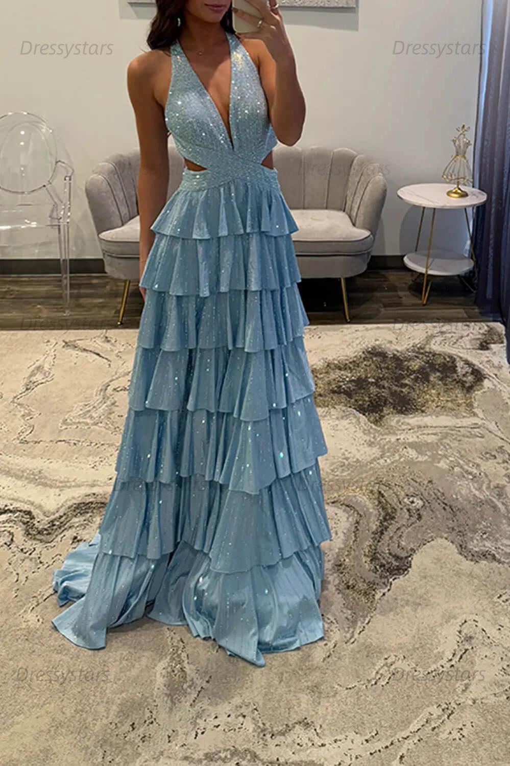 Emerald Green Prom Dress Tiered A-Line Halter Long Formal Dress With Slit