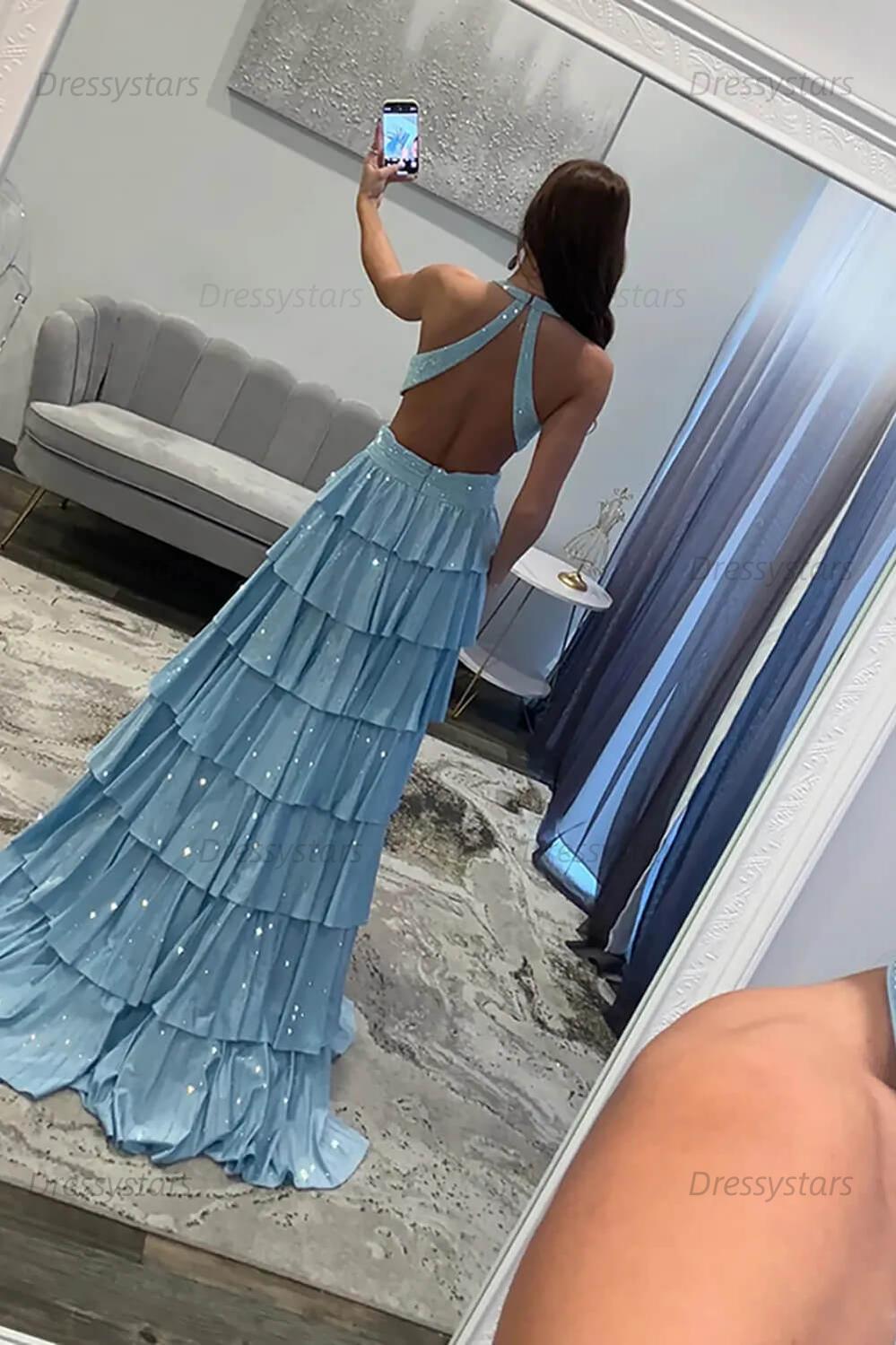 Emerald Green Prom Dress Tiered A-Line Halter Long Formal Dress With Slit