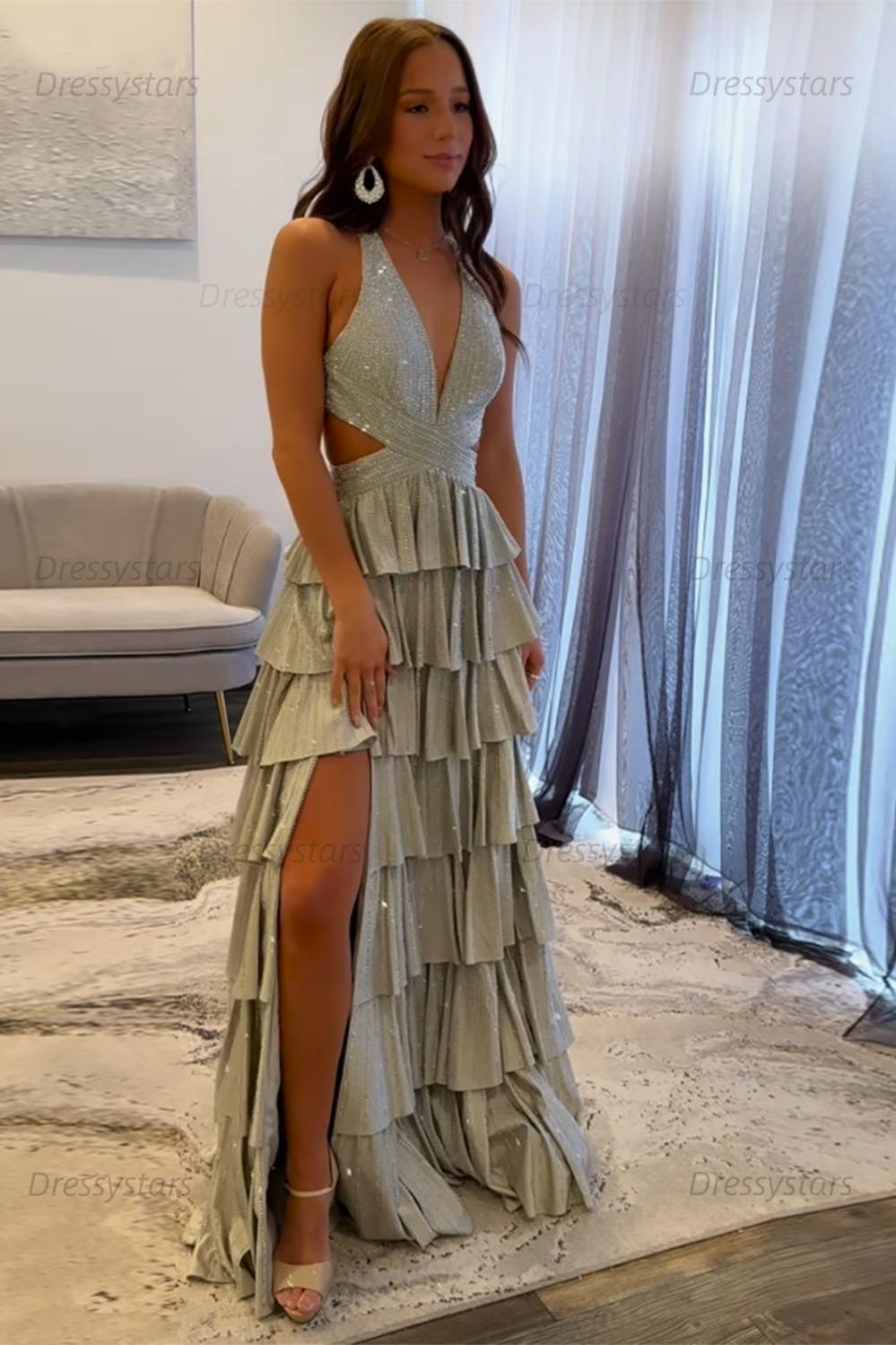 Emerald Green Prom Dress Tiered A-Line Halter Long Formal Dress With Slit