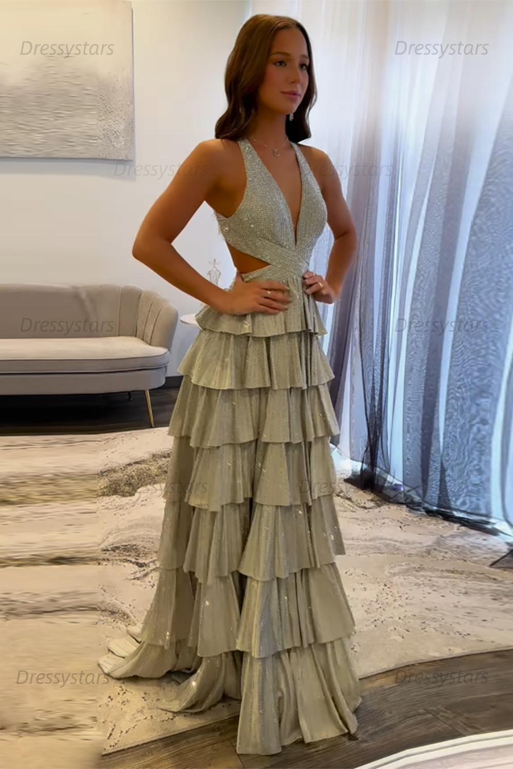 Emerald Green Prom Dress Tiered A-Line Halter Long Formal Dress With Slit