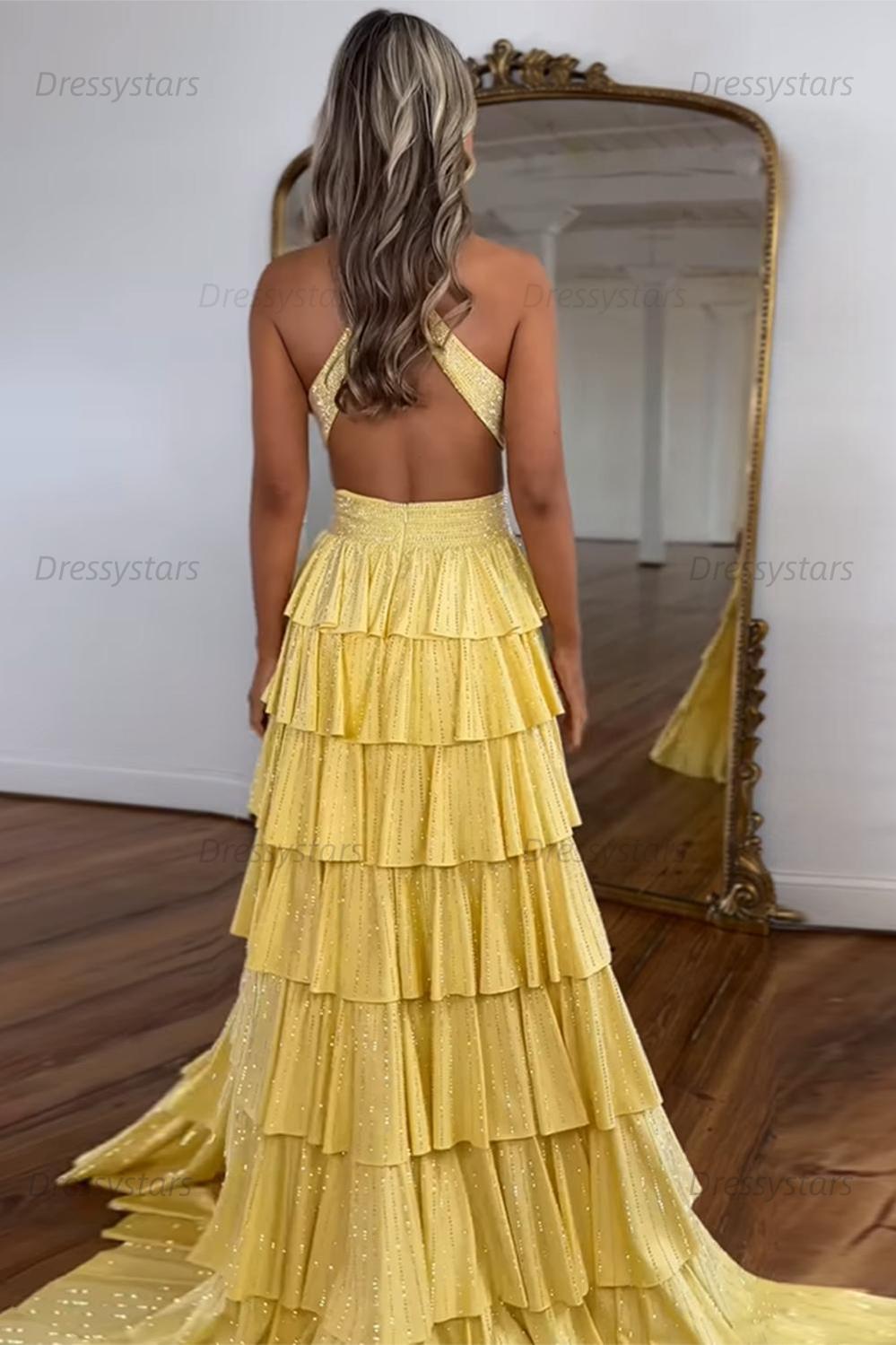 Emerald Green Prom Dress Tiered A-Line Halter Long Formal Dress With Slit