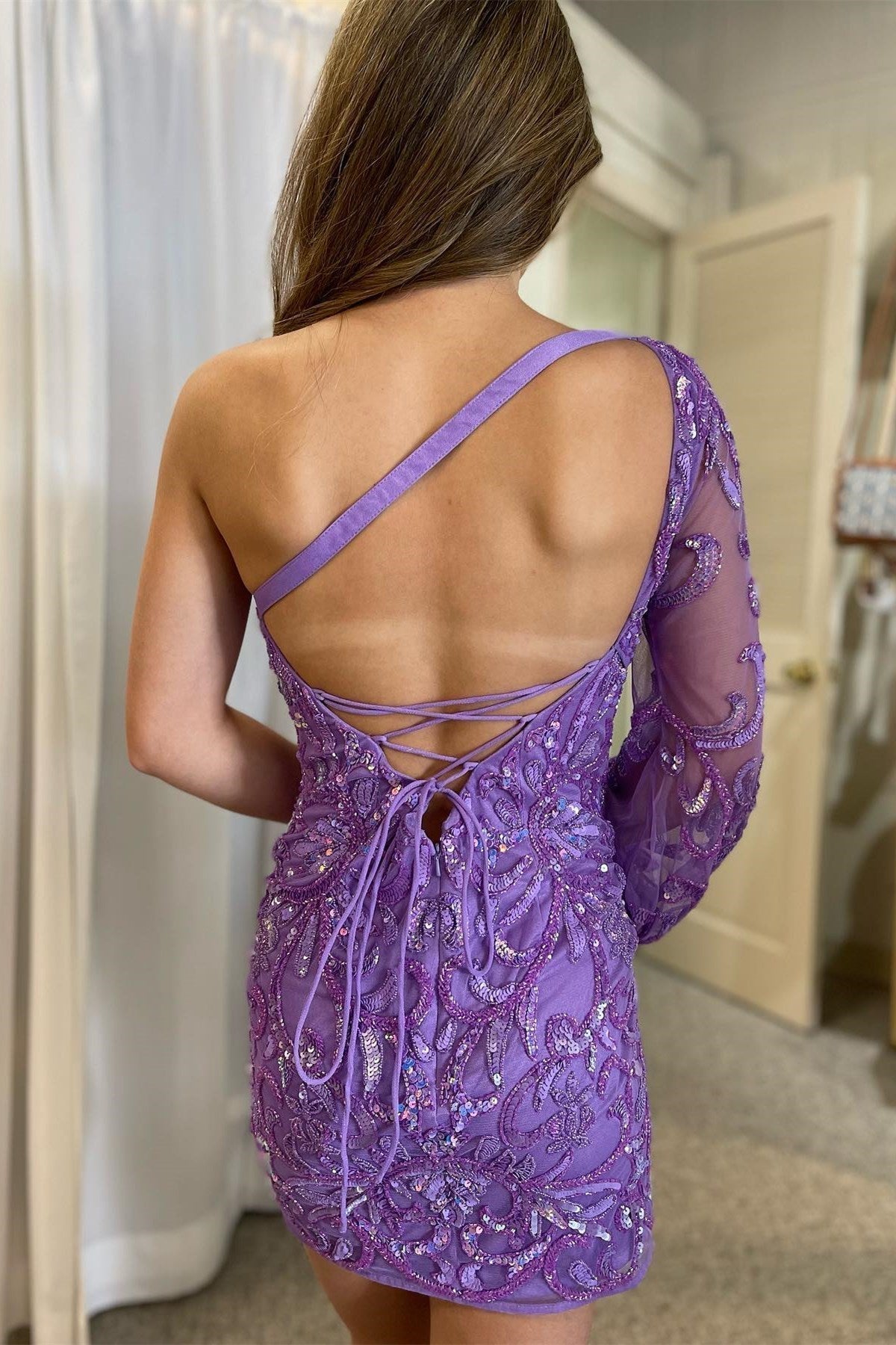 Emerald Homecoming Dress One Sleeve Sequin Style Lace Up Embroidered Short Party Cocktail Dress