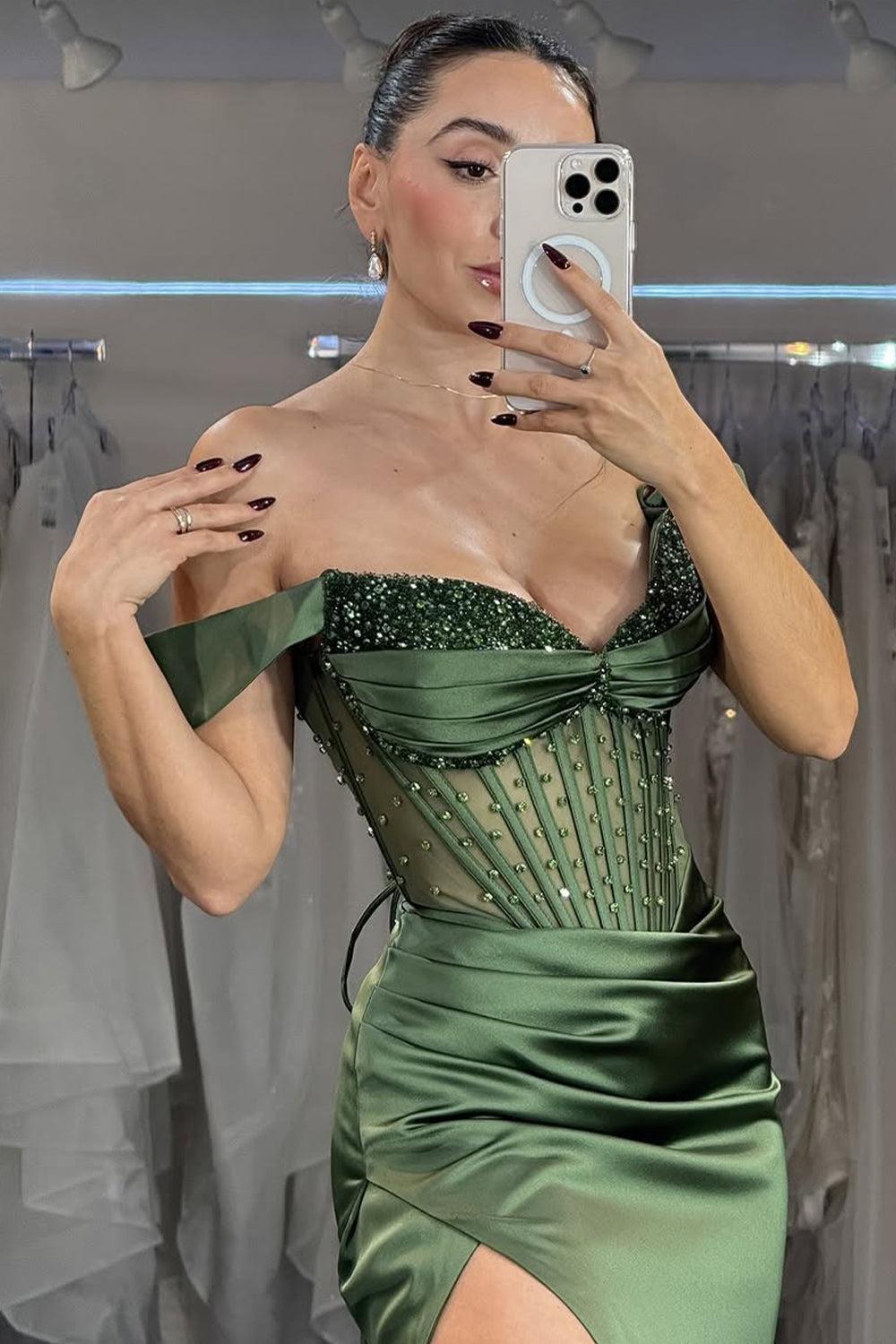 Green Mermaid Prom Dress Off the Shoulder Cap Sleeve Formal Dress With Sequins