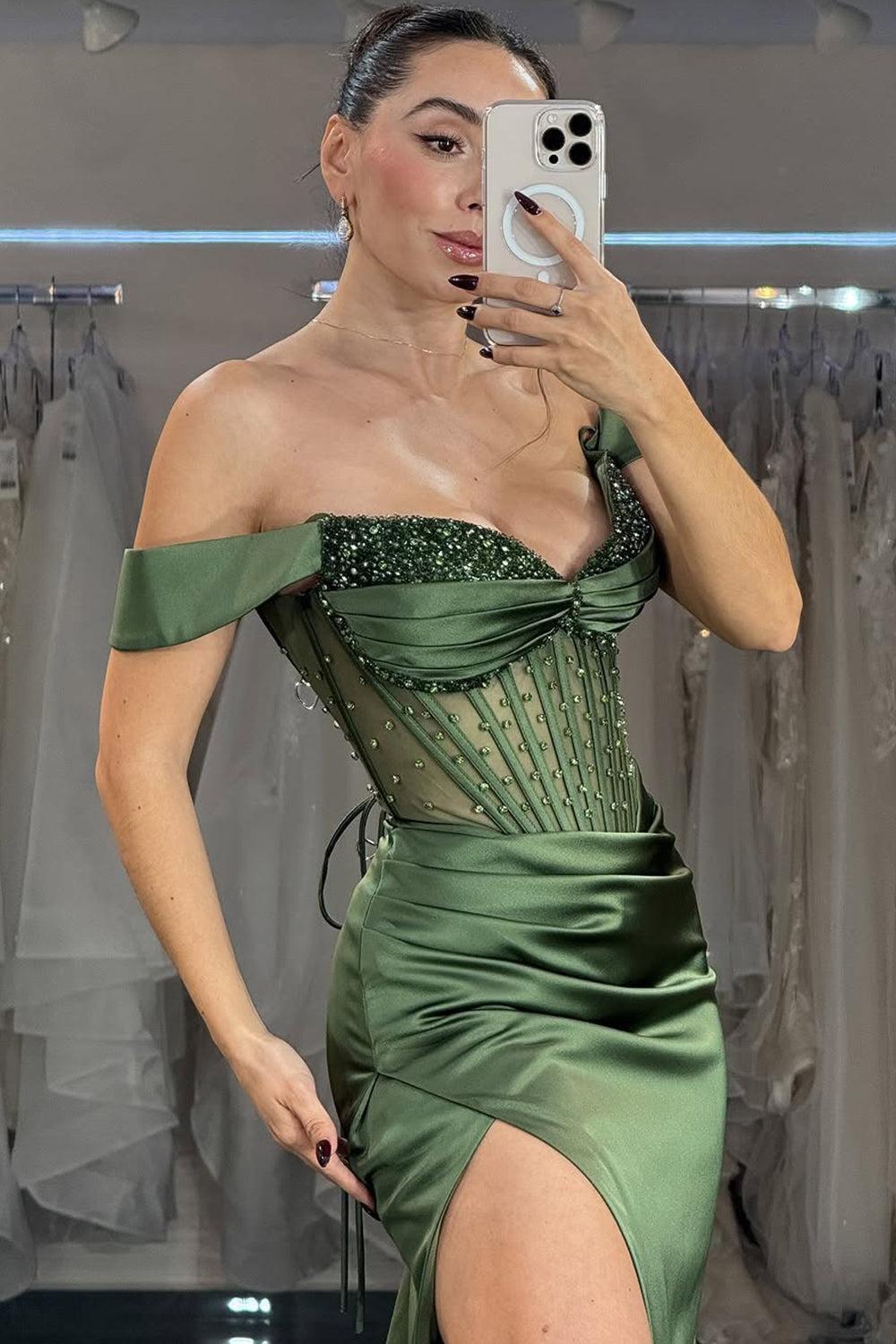Green Mermaid Prom Dress Off the Shoulder Cap Sleeve Formal Dress With Sequins