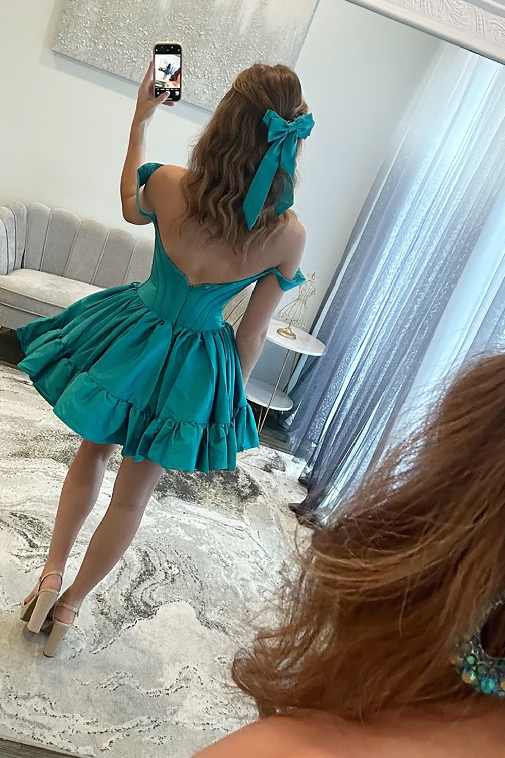 Emerald Off The Shoulder Homecoming Dresses Satin Short Corset Cocktail Dresses With Ruffles
