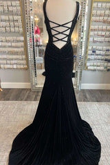 Emerald Prom Dress Velvet V Neck Cutout Back Mermaid Long Formal Dress Evening Dress