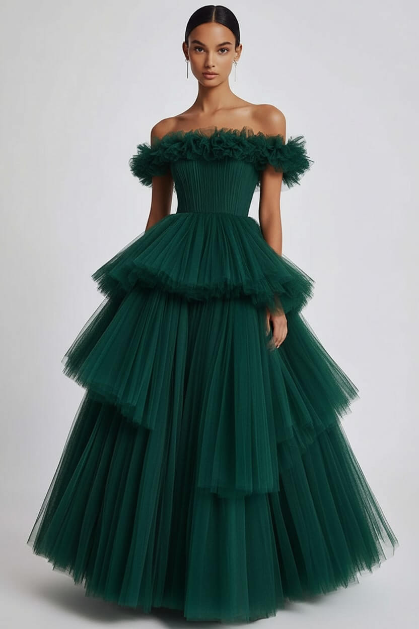 Dusty Sage Formal Dress Tulle Off The Shoulder Ball Gown Wedding Guest Dress With Ruffles