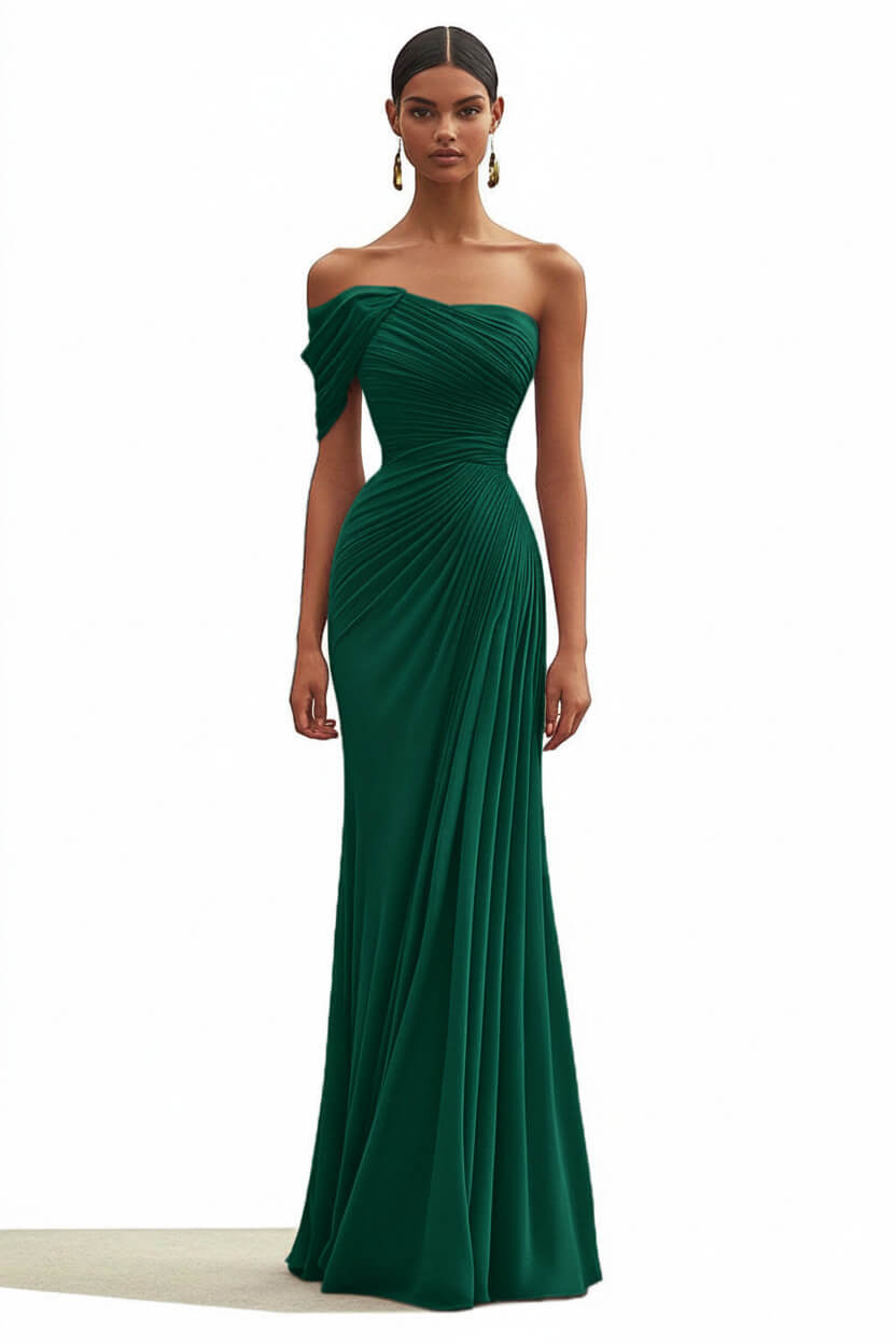 Dressystars One Shoulder Ruched Mermaid Dark Green Wedding Guest Dress Long Formal Dress