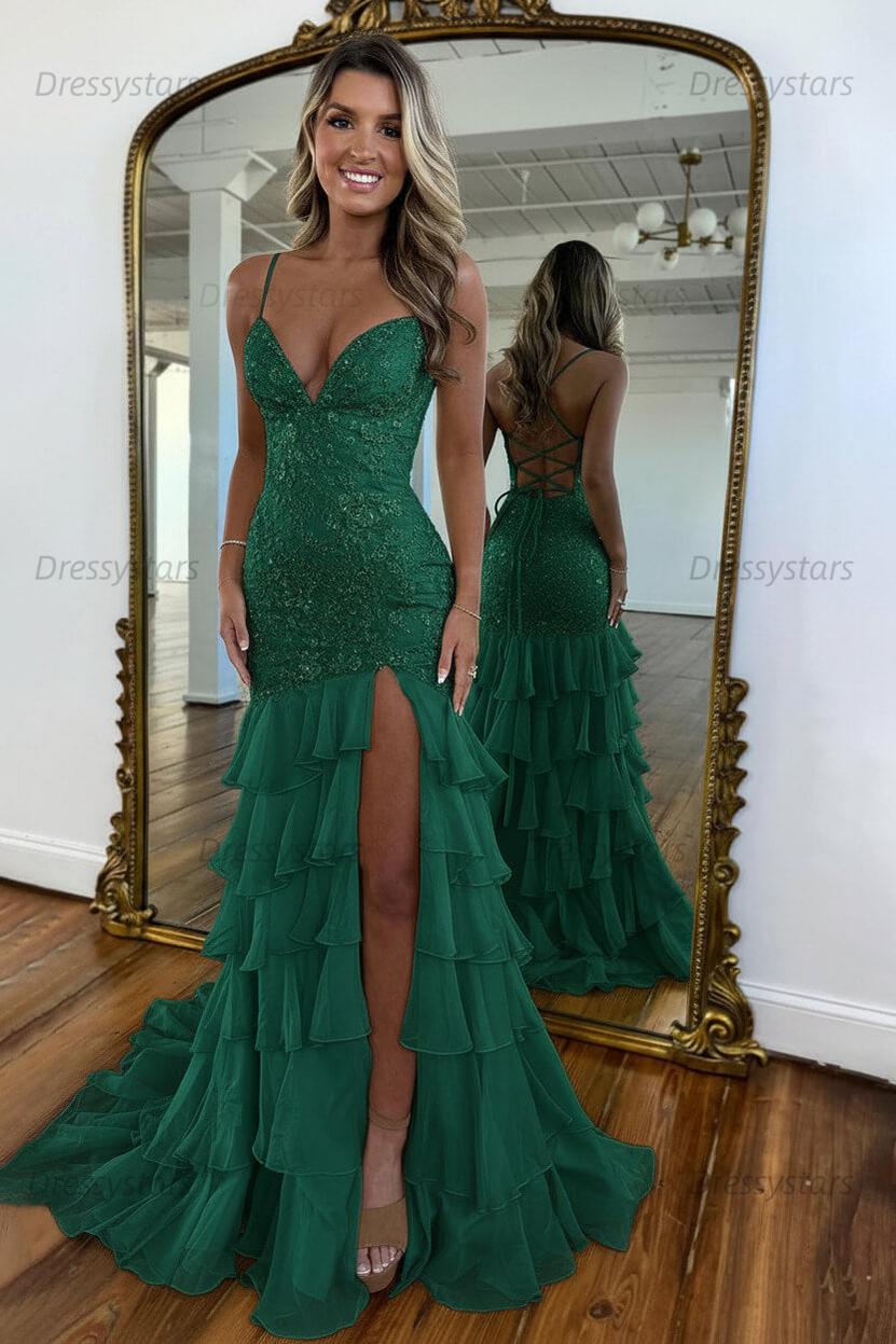 Dressystars Yellow Mermaid Spaghetti Straps Lace Up Long Prom Dress With Ruffle Skirt Formal Evening Gown