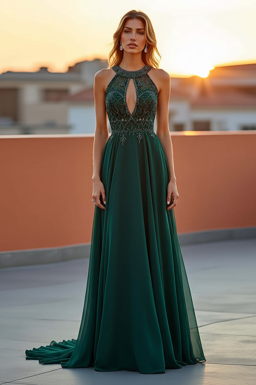 Dressystars Beaded Navy Wedding Guest Dress Halter Long Formal Dress With Embroideries