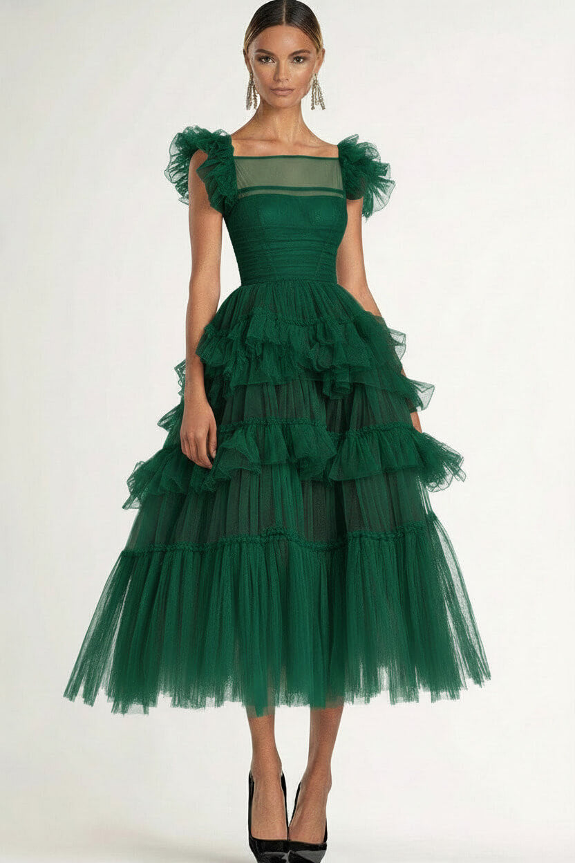 Dressystars Tea Length Black Wedding Guest Dress A-Line Flatter Sleeves Tulle Formal Dress With Ruffles
