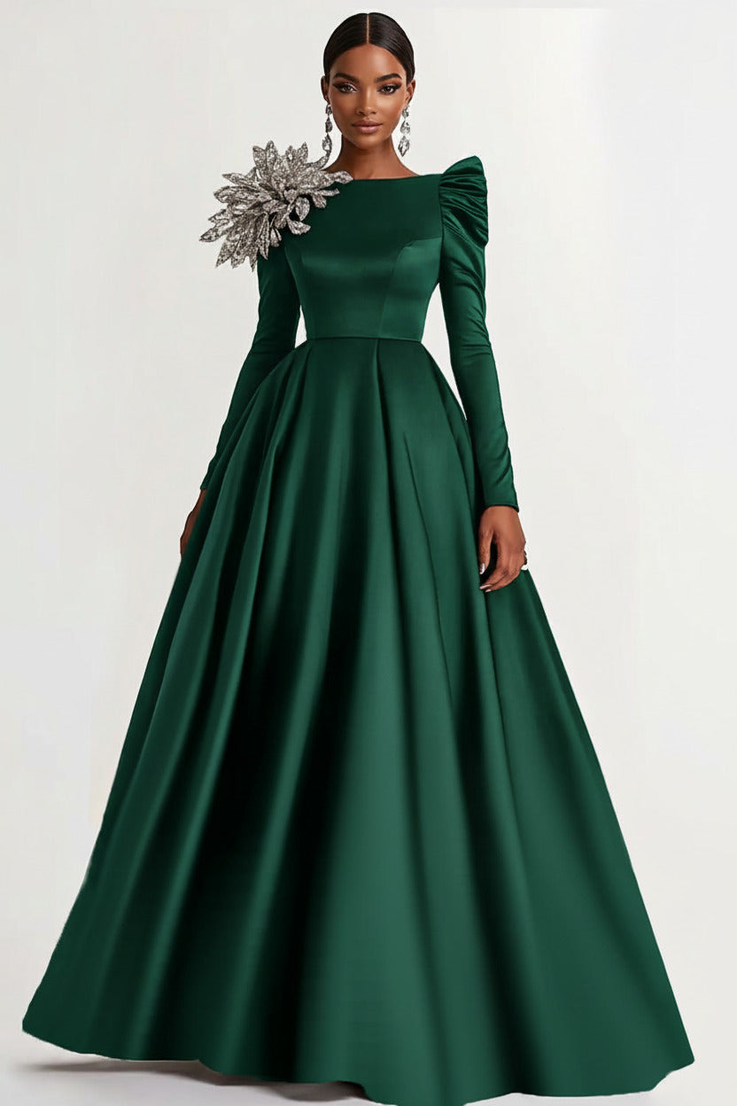 Dressystars A-Line Long Black Wedding Guest Dress Satin Boat Neck Formal Dress With Long Sleeves