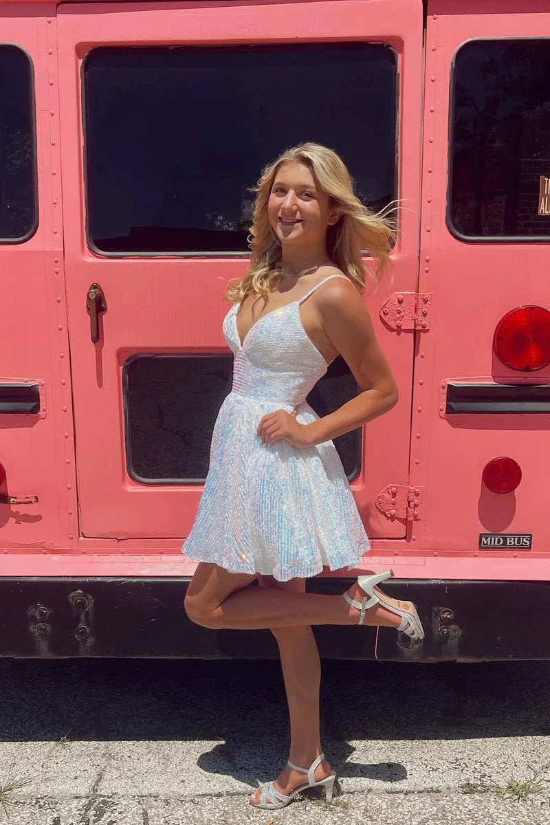 Eulalia Homecoming Dress Pretty A Line V neck Sequin Short Party Cocktail Dress