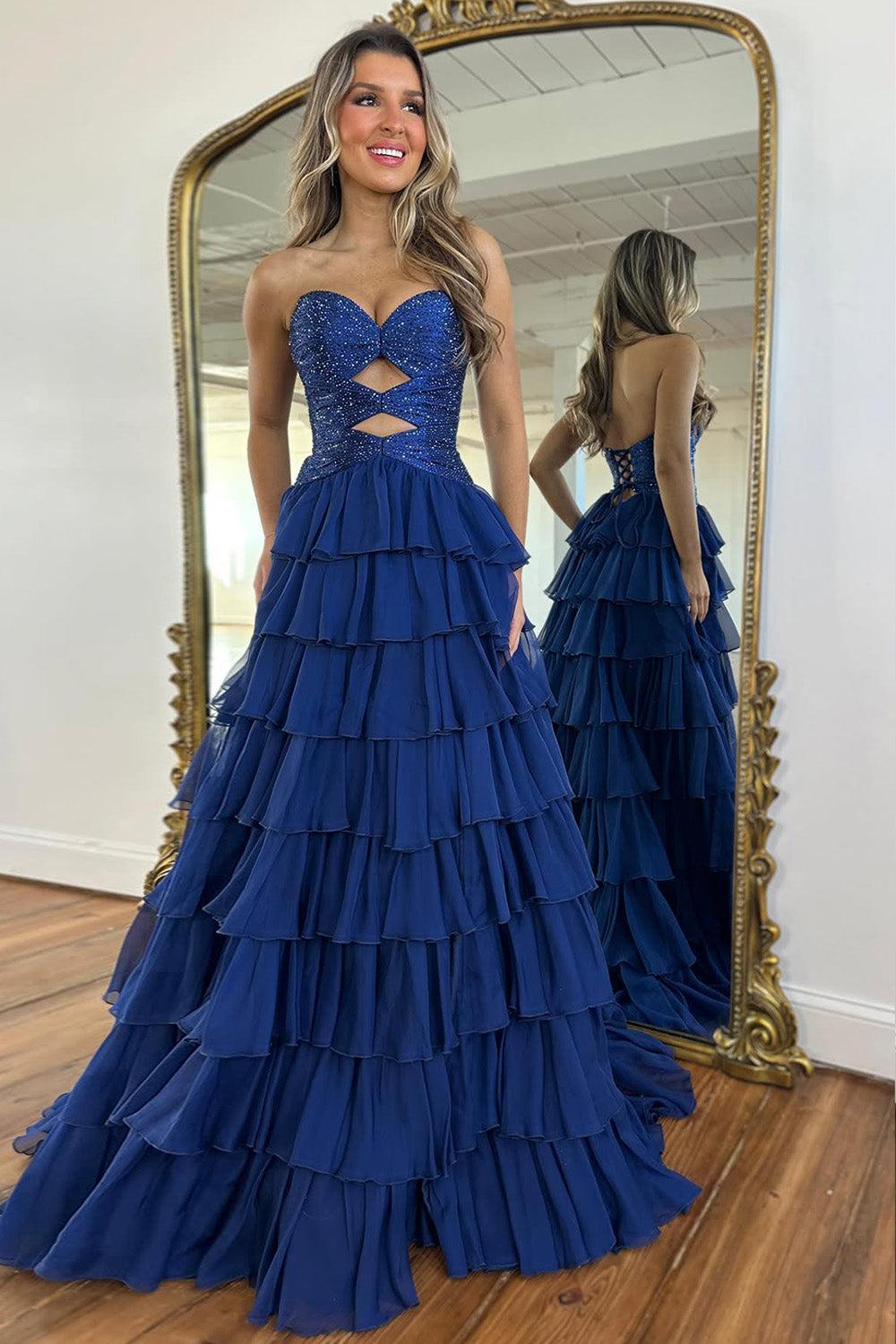Fairytale Prom Dress With Glitter Bodice Layered Ruffle Skirt And Lace-Up Back Formal Evening Gown