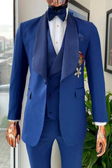 Fancy Blue 3 Piece Wedding Suit with Navy Blue Shawl Lapel