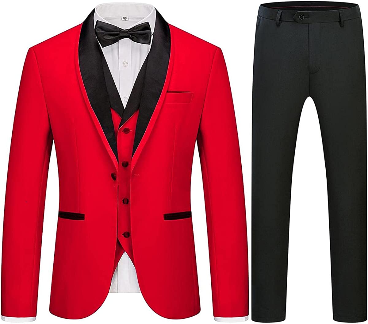 Fancy Red 3 Piece Shawl Lapel Men's Wedding Suit