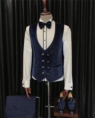 Fancy White 3 Piece Jacquard Wedding Suit with Navy Blue Shawl Lapel