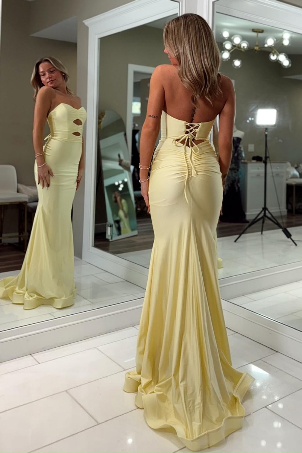 Dressystars Fashionable Mermaid Sweetheart Yellow Long Prom Dress With Keyhole Criss Cross Back Formal Evening Gown