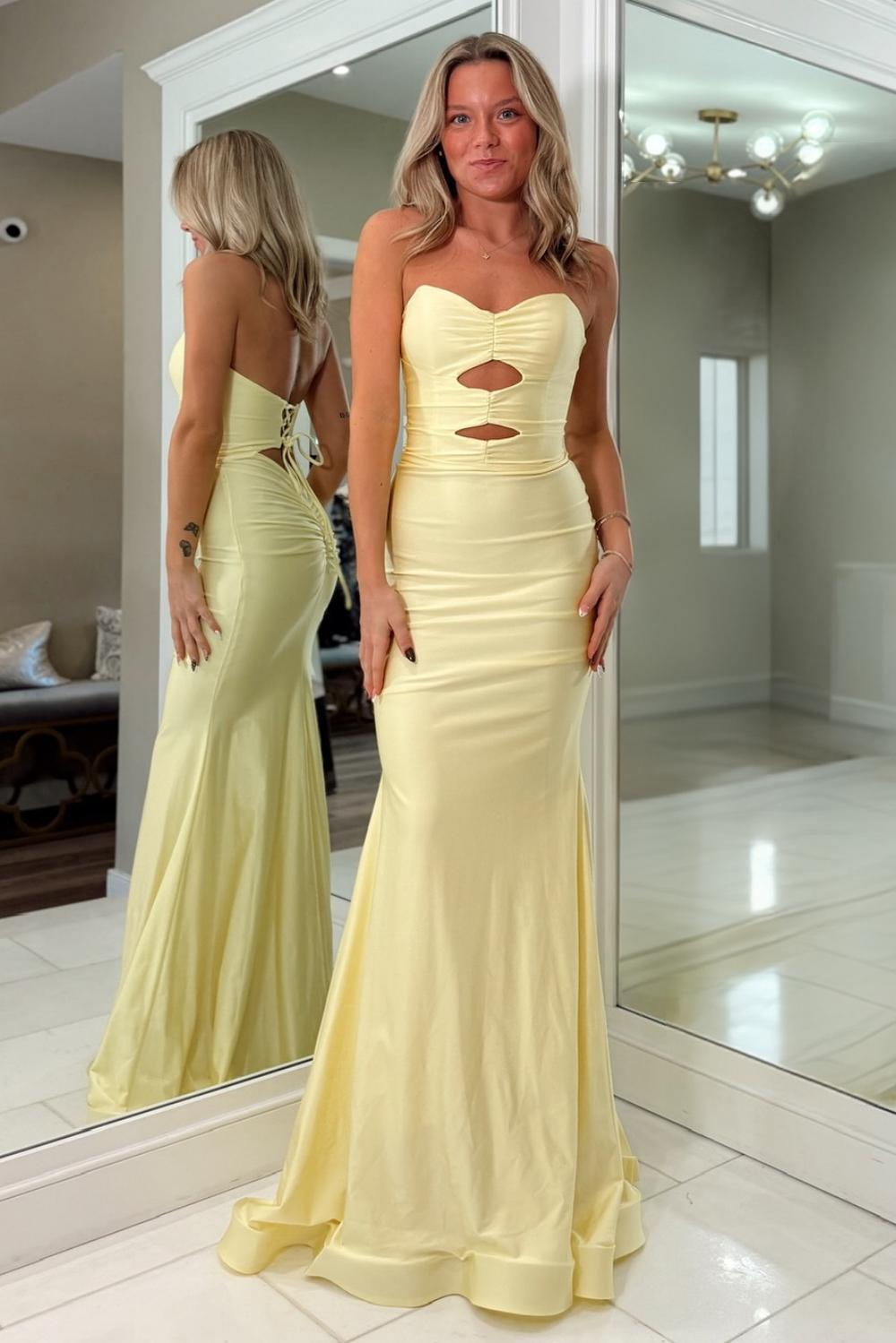 Dressystars Fashionable Mermaid Sweetheart Yellow Long Prom Dress With Keyhole Criss Cross Back Formal Evening Gown