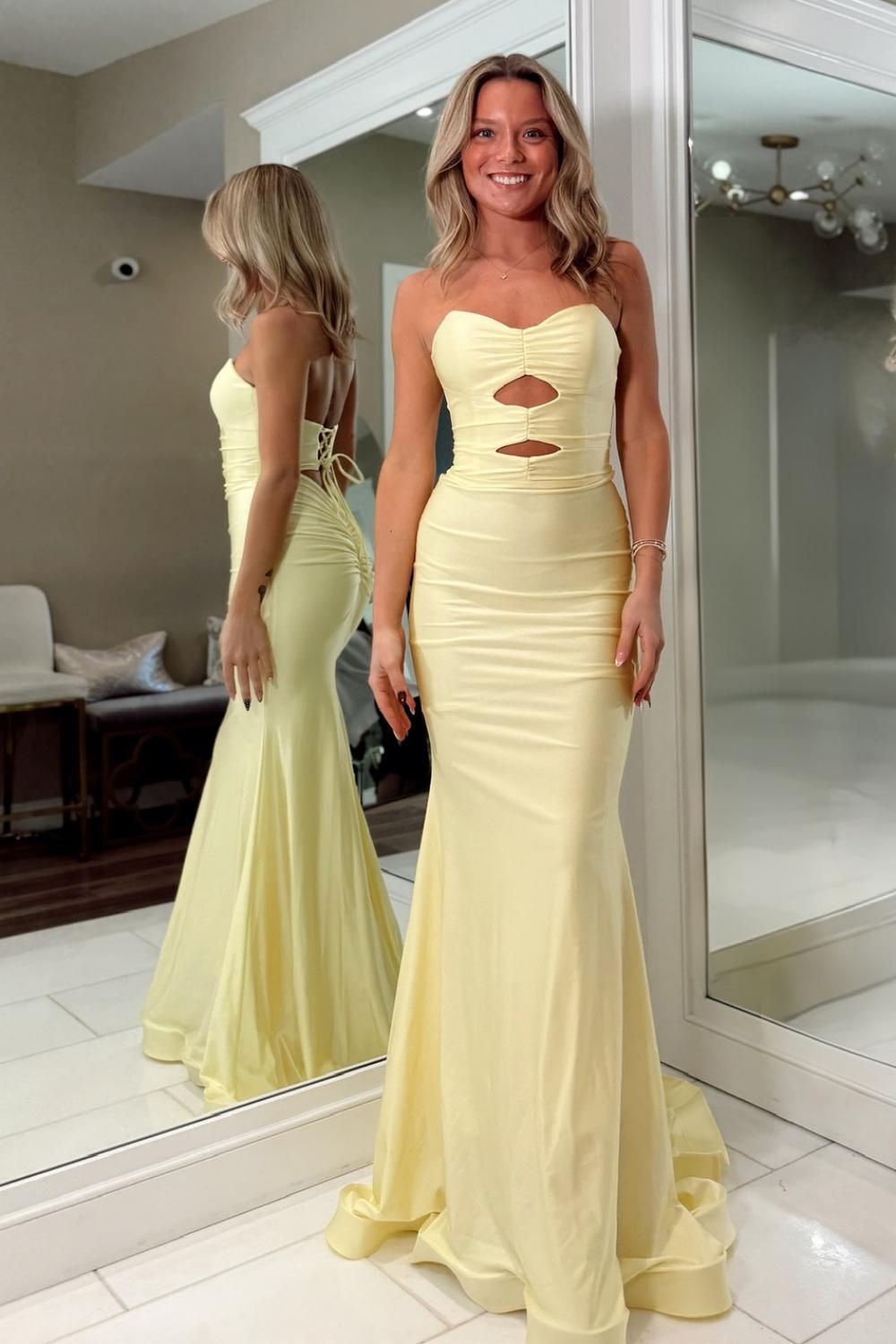 Dressystars Fashionable Mermaid Sweetheart Yellow Long Prom Dress With Keyhole Criss Cross Back Formal Evening Gown